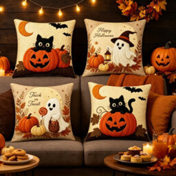 Amorly 4Pcs Fall Embroidered Throw Pillow Cover 18X18 Inch, Cat Pumpkin,2D Printed Cushion Cases For Sofa Couch Fall Harvest Home Decor - thumbnail 6