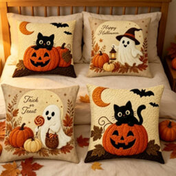 Amorly 4Pcs Fall Embroidered Throw Pillow Cover 18X18 Inch, Cat Pumpkin,2D Printed Cushion Cases For Sofa Couch Fall Harvest Home Decor - thumbnail 4