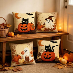 Amorly 4Pcs Fall Embroidered Throw Pillow Cover 18X18 Inch, Cat Pumpkin,2D Printed Cushion Cases For Sofa Couch Fall Harvest Home Decor - thumbnail 7