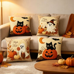 Amorly 4Pcs Fall Embroidered Throw Pillow Cover 18X18 Inch, Cat Pumpkin,2D Printed Cushion Cases For Sofa Couch Fall Harvest Home Decor - thumbnail 3