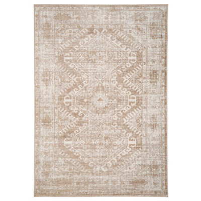 Loomed Neutral Beige Bordered Geometric Distressed Area Rug 160X230Cm - image 1