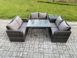 Fimous Rattan Garden Furniture Set 6 Seater Patio Outdoor Love Sofa Set With Rectangular Dining Table Side Table - thumbnail 2
