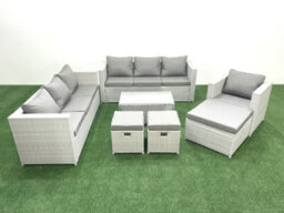 Fimous Wicker Pe Rattan Sofa Garden Furniture Set Armchair Oblong Coffee Table 3 Stools Light Grey - thumbnail 2