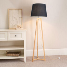 Valuelights Lottie Natural Wood Tripod Floor Lamp With Black Tapered Shade - Led Bulb Included
