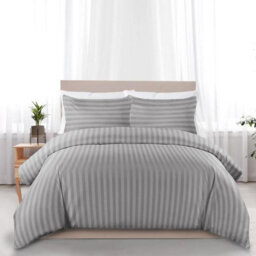 Ameha Silver Striped Microfibre Bedding Set Double, Reversible & Breathable Duvet Cover, Fitted Sheet & Pillowcases - thumbnail 7