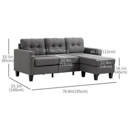 Eco Living Portofino 3 Seater Corner Sofa, Chaise Lounge Furniture With Reversible Ottoman Footstool Or Chaise - Grey - thumbnail 4
