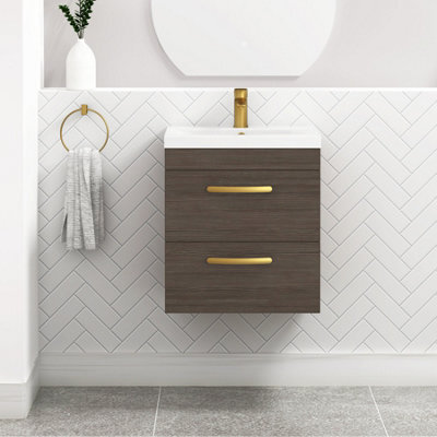 Royal Bathrooms Turin Grey Elm 500mm Wall Hung Vanity Unit 2 Drawer With Mid-Edge Basin Sink & Brushed Brass Handles - image 1