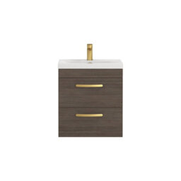 Royal Bathrooms Turin Grey Elm 500mm Wall Hung Vanity Unit 2 Drawer With Mid-Edge Basin Sink & Brushed Brass Handles - thumbnail 6