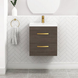 Royal Bathrooms Turin Grey Elm 500mm Wall Hung Vanity Unit 2 Drawer With Mid-Edge Basin Sink & Brushed Brass Handles - thumbnail 1