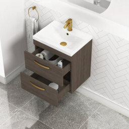 Royal Bathrooms Turin Grey Elm 500mm Wall Hung Vanity Unit 2 Drawer With Mid-Edge Basin Sink & Brushed Brass Handles - thumbnail 5