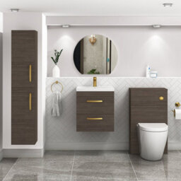 Royal Bathrooms Turin Grey Elm 500mm Wall Hung Vanity Unit 2 Drawer With Mid-Edge Basin Sink & Brushed Brass Handles - thumbnail 4