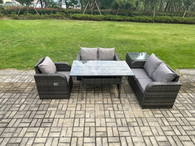 Fimous Lounge Rattan Sofa Set Outdoor Garden Furniture Oblong Rectangular Dining Table With Chairs Side Table Dark Grey Mixed - image 1