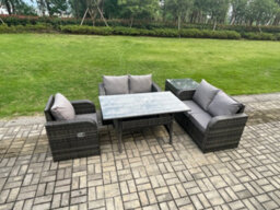 Fimous Lounge Rattan Sofa Set Outdoor Garden Furniture Oblong Rectangular Dining Table With Chairs Side Table Dark Grey Mixed - thumbnail 2