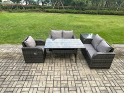 Fimous Lounge Rattan Sofa Set Outdoor Garden Furniture Oblong Rectangular Dining Table With Chairs Side Table Dark Grey Mixed - thumbnail 1