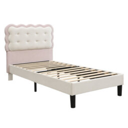 Merax 3Ft Double Upholstered Bed 90 X 190 Cm, Velvet Children's Bed With Biscuit Headboard, Soft Backrest, Beige + Pink - thumbnail 7