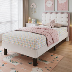 Merax 3Ft Double Upholstered Bed 90 X 190 Cm, Velvet Children's Bed With Biscuit Headboard, Soft Backrest, Beige + Pink - thumbnail 1