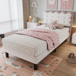 Merax 3Ft Double Upholstered Bed 90 X 190 Cm, Velvet Children's Bed With Biscuit Headboard, Soft Backrest, Beige + Pink - thumbnail 3