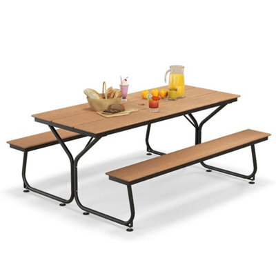 8-Person Picnic Table Bench Set Garden Camping Furniture Umbrella Hole-Brown - image 1