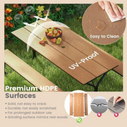 8-Person Picnic Table Bench Set Garden Camping Furniture Umbrella Hole-Brown - thumbnail 5