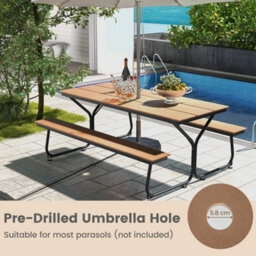 8-Person Picnic Table Bench Set Garden Camping Furniture Umbrella Hole-Brown - thumbnail 6