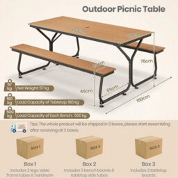 8-Person Picnic Table Bench Set Garden Camping Furniture Umbrella Hole-Brown - thumbnail 2