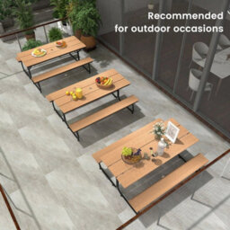 8-Person Picnic Table Bench Set Garden Camping Furniture Umbrella Hole-Brown - thumbnail 3
