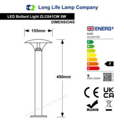 Long Life Lamps Company 5W Modern Led Bollard Garden Lamp Post Stainless Steel Outdoor Cool White Zlc041Cw - thumbnail 2