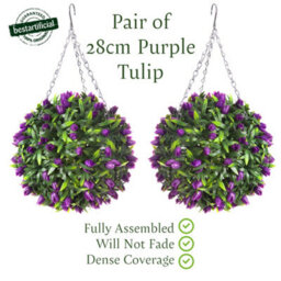 Pair Of Best Artificial 28Cm Purple Tulip Hanging Basket Flower Topiary Ball - Suitable For Outdoor Use - Weather & Fade Resistant