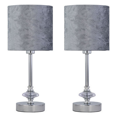 First Choice Lighting Set Of 2 Chrome Jewelled Table Lamp With Grey Crushed Velvet Shades - image 1