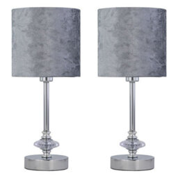 First Choice Lighting Set Of 2 Chrome Jewelled Table Lamp With Grey Crushed Velvet Shades - thumbnail 1