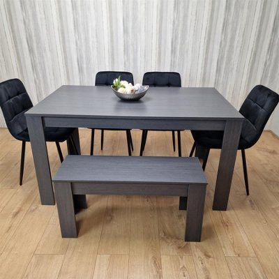 Kosy Koala Dining Table And 4 Chairs With Bench Black Dark Grey 4 Velvet Chairs Wooden Bench Wood Dining Set Furniture - image 1