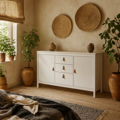 Wyld Haus Wildberry Matt White Wooden Sideboard 2 Doors 3 Drawers Leather Tab Handles - image 1