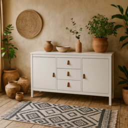Wyld Haus Wildberry Matt White Wooden Sideboard 2 Doors 3 Drawers Leather Tab Handles - thumbnail 2