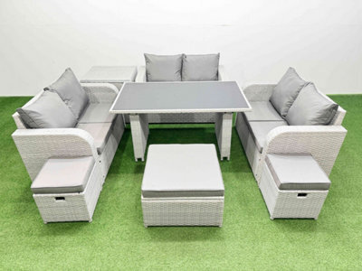 Fimous 9 Seater Patio Garden Furniture Sets With Black Glass Top Dining Table Love Sofa Side Table 3 Stool Light Grey - image 1