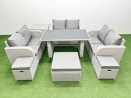 Fimous 9 Seater Patio Garden Furniture Sets With Black Glass Top Dining Table Love Sofa Side Table 3 Stool Light Grey
