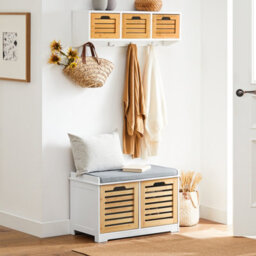 Sobuy Fsr23-Ii-Nw, Storage Bench Shoe Bench Shoe Cabinet With Seat Cushion And 2 Doors,wood Effect,w71Xd35Xh43 - thumbnail 2