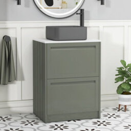 Royal Bathrooms Royal Bathroom Elmore 600mm Matt Green Freestanding Bathroom Vanity Unit 2 Drawer Plain White Worktop With Art Square Basin - thumbnail 1