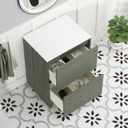 Royal Bathrooms Royal Bathroom Elmore 600mm Matt Green Freestanding Bathroom Vanity Unit 2 Drawer Plain White Worktop With Art Square Basin - thumbnail 6