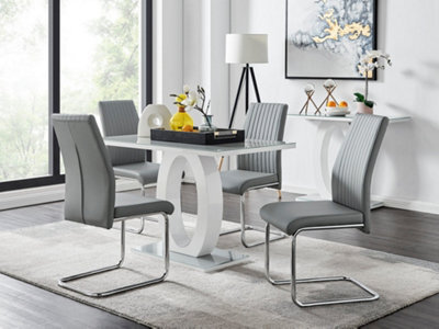 Furniturebox Giovani Rectangular 4 Seat White High Gloss Unique Halo Base Dining Table Grey Glass Top 4 Grey Faux Leather Lorenzo Chairs - image 1
