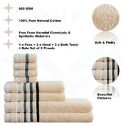 TheWhiteWater Limited 8 Pieces Towel Set With 4 Face Towel 2 Hand Towels And 2 Bath 100% Pure Natural Cotton Bale Set Of Towels - Cream (Stripe Border) - thumbnail 3