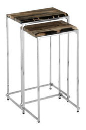 Orsina Stylish Nest Of 2 Petrified Wood Side Tables, Nesting Design Metal Side Table, Wooden Tops Modern Table - thumbnail 2