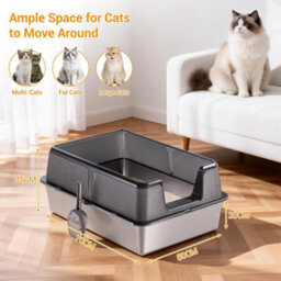 London Boutique Stainless Steel Cat Litter Box High Sides Extra Large Litter Tray With Scoop, Open Top Anti-Splashing Black - thumbnail 2