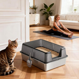 London Boutique Stainless Steel Cat Litter Box High Sides Extra Large Litter Tray With Scoop, Open Top Anti-Splashing Black - thumbnail 5
