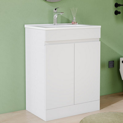 AVER-GROWTH 600mm Floor Standing Vanity Unit With Basin Matt White Ceramic Sink Bathroom Storage Cabinet Set Freestanding - image 1