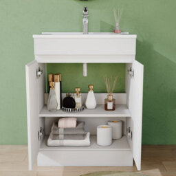 AVER-GROWTH 600mm Floor Standing Vanity Unit With Basin Matt White Ceramic Sink Bathroom Storage Cabinet Set Freestanding - thumbnail 4