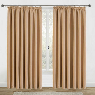 Aspire Homeware Beige Plain Blackout Curtains Room Darkening Pencil Pleat Curtain Pair (W) 228Cm X (D)228Cm With Tie Back Pair - image 1
