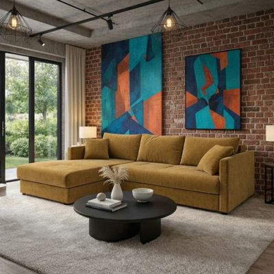 Orea Modern L Shape Sofa Bed With 2 Storage Compartments Reversible Fabric Corner Settee Sleep Function 227X150Cm Mustard Left - image 1