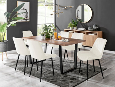 Furniturebox Kylo Brown Rectangular Wood Effect Dining Table & 6 Cream Velvet Pesaro Black Leg Chairs - image 1