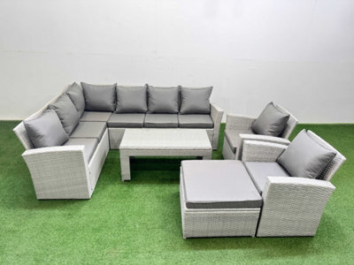 Fimous Rattan Garden Furniture Set Outdoor 9 Seater Corner Sofa Sets With Oblong Coffee Table Chair Big Footstool Light Grey Mixed - image 1