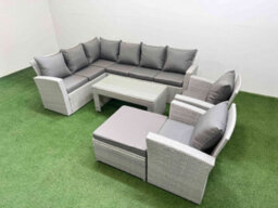 Fimous Rattan Garden Furniture Set Outdoor 9 Seater Corner Sofa Sets With Oblong Coffee Table Chair Big Footstool Light Grey Mixed - thumbnail 2